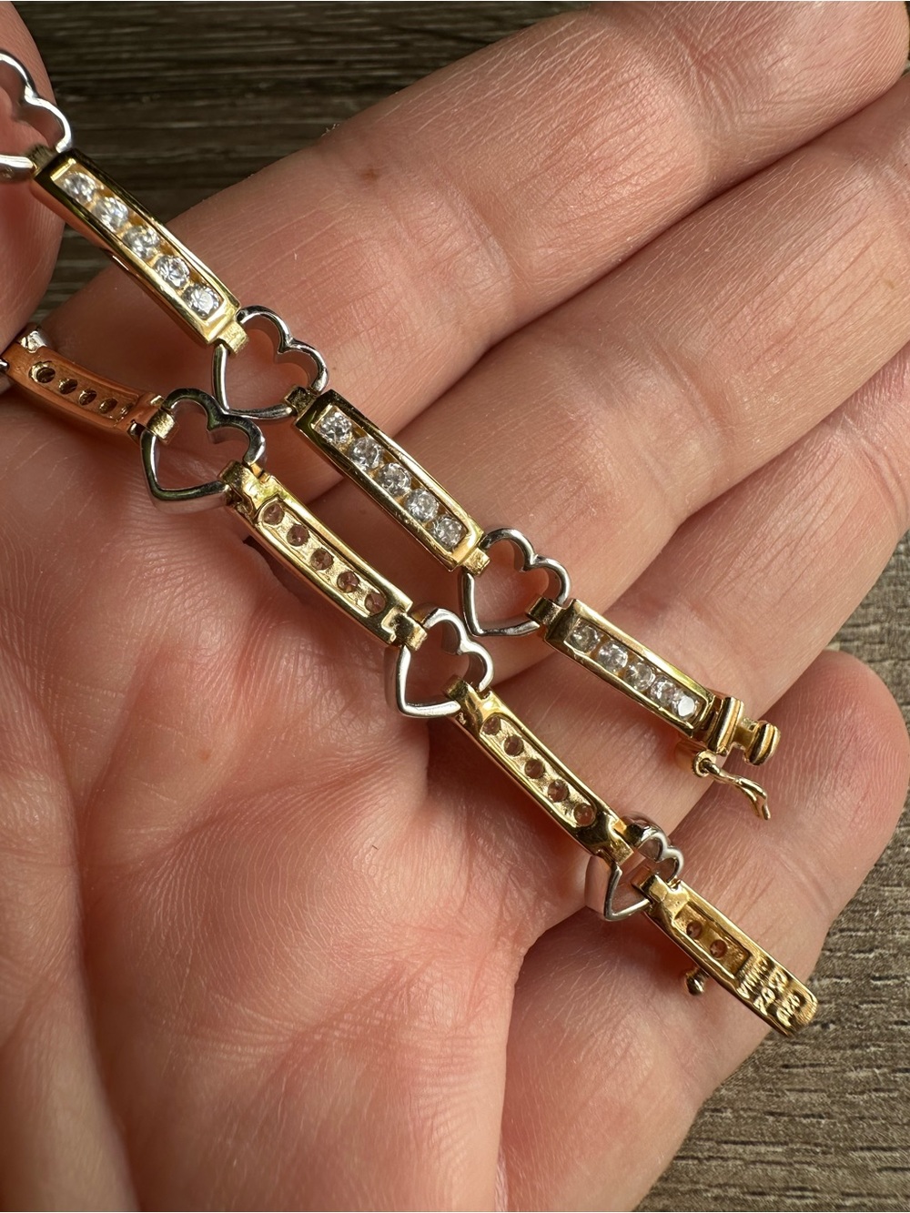 STERLING SILVER 925 Two Tone GOLD Plate HEART TENNIS BRACELET W CZ 7.5”